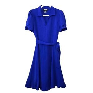 DKNY Royal Blue Waist Tie Short Cinch Sleeve V-Neck Dress